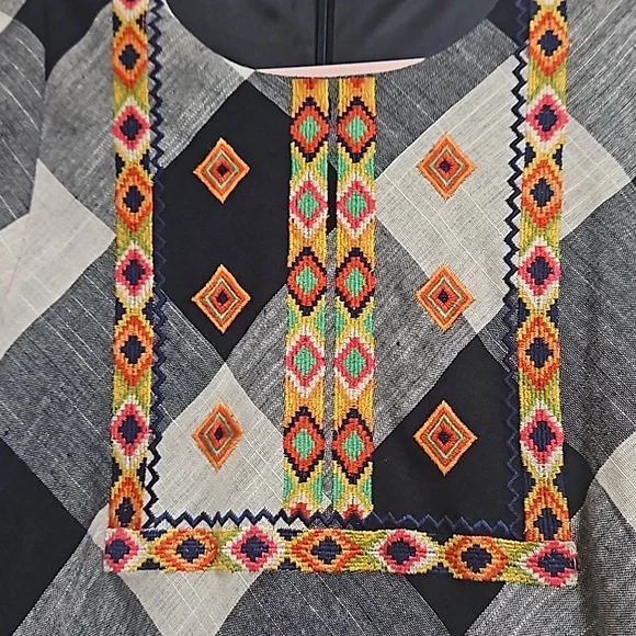 THML Checkered embroidered fringe sleeves dress women's size Medium - Picture 5 of 12